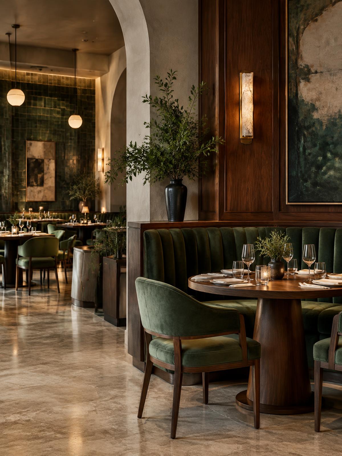 Restaurant interior with green banquettes and warm custom lighting