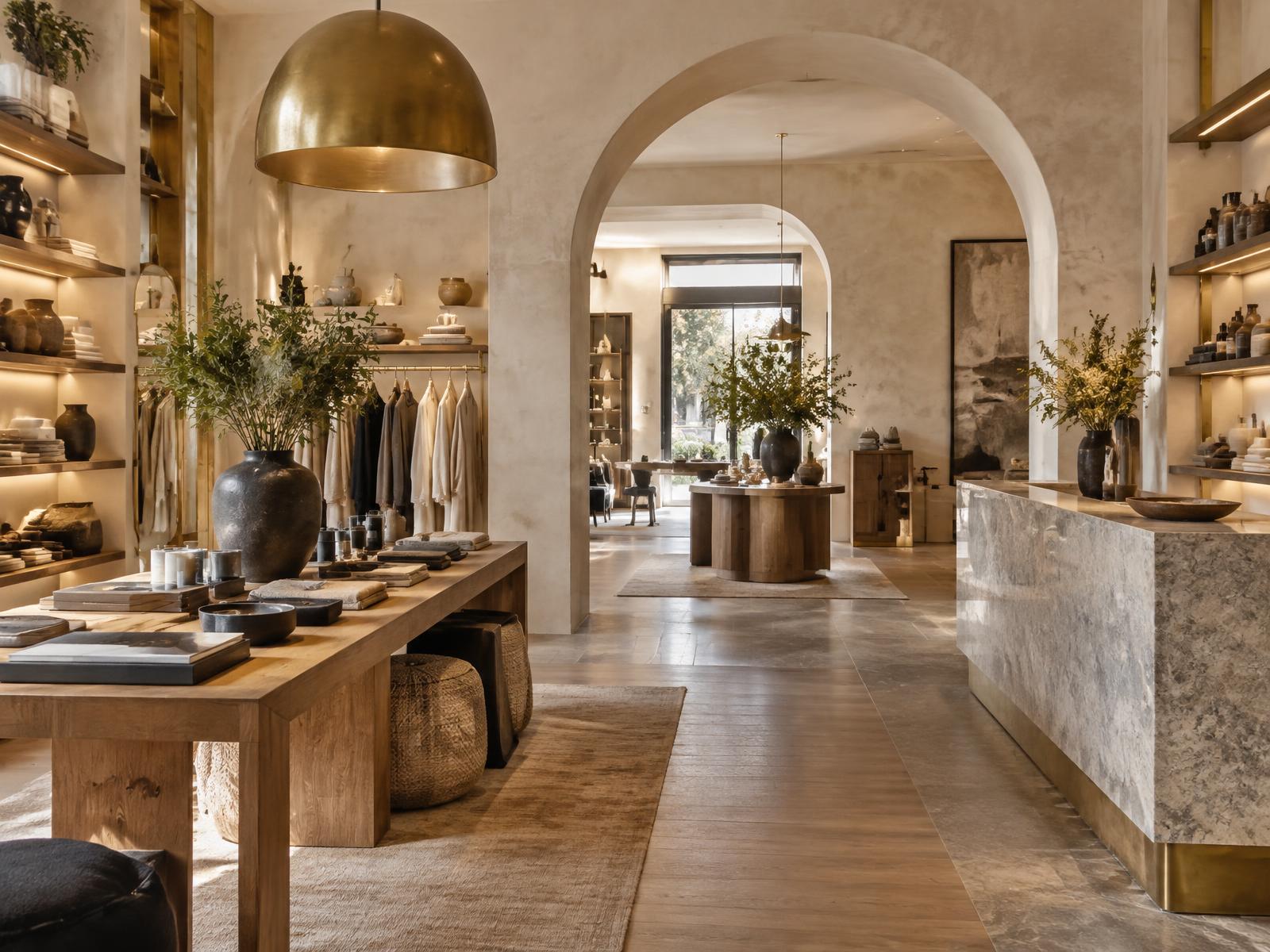 Warm retail interior with arched openings and custom displays